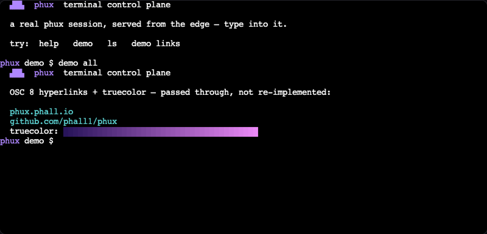a live phux session: the demo shell MOTD, osc 8 hyperlinks, and 24-bit color rendered by the phux-web client